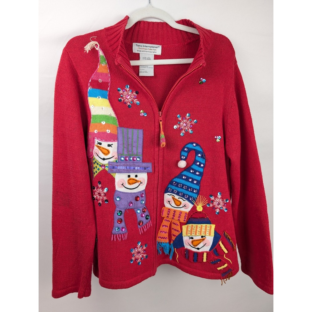 Vintage Ugly Christmas Snowman Zip Sweater Sz XL Red Novelty Holiday Cottagecore